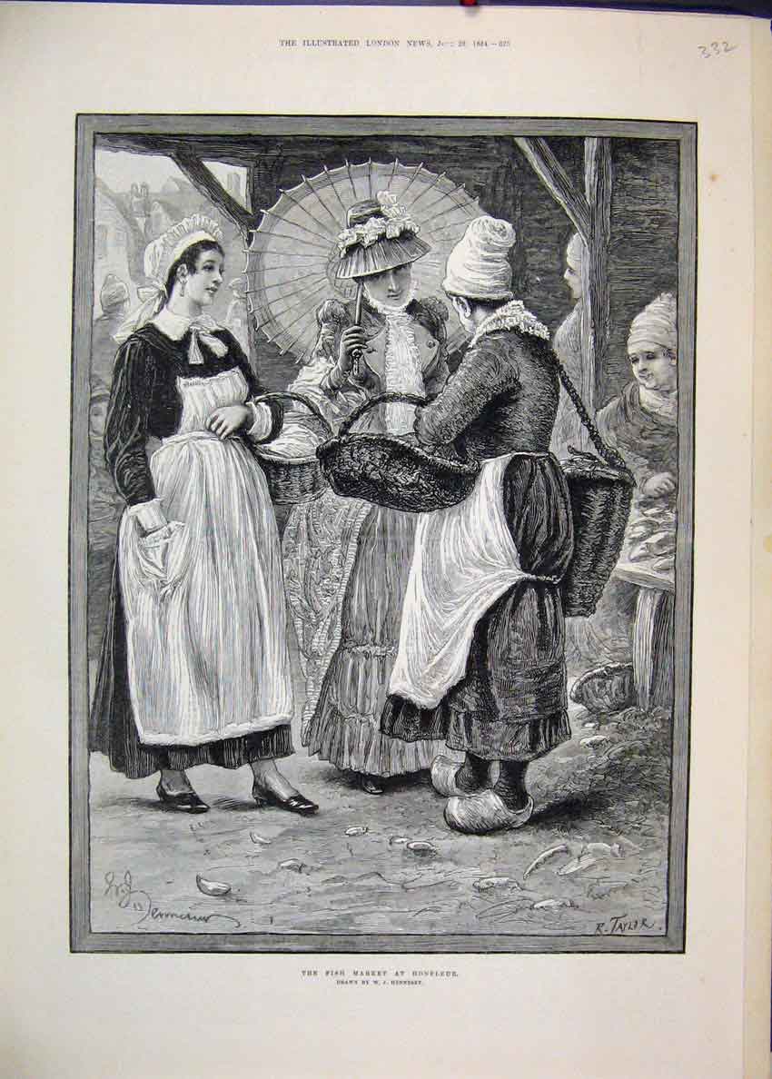 Original Old Antique Print 1884 Fish Market Honfleur Women Cloggs 19th