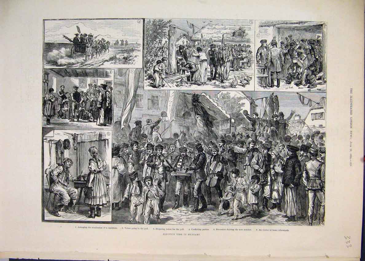 Original Old Antique Print 1884 Election Hungary Voters Procession Victorian