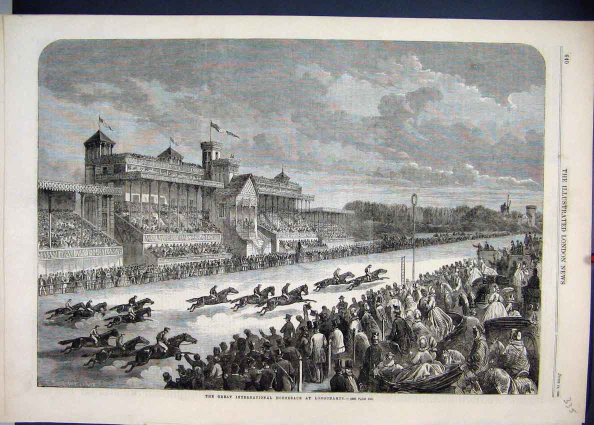 Original Old Antique Print 1863 Great International Horserace Longchamps 19th