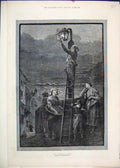 Original Old Antique Print 1882 Guiding Light Man Ladder Street Scene Victorian