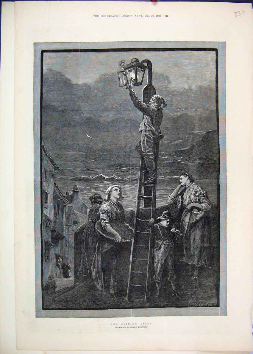 Original Old Antique Print 1882 Guiding Light Man Ladder Street Scene Victorian