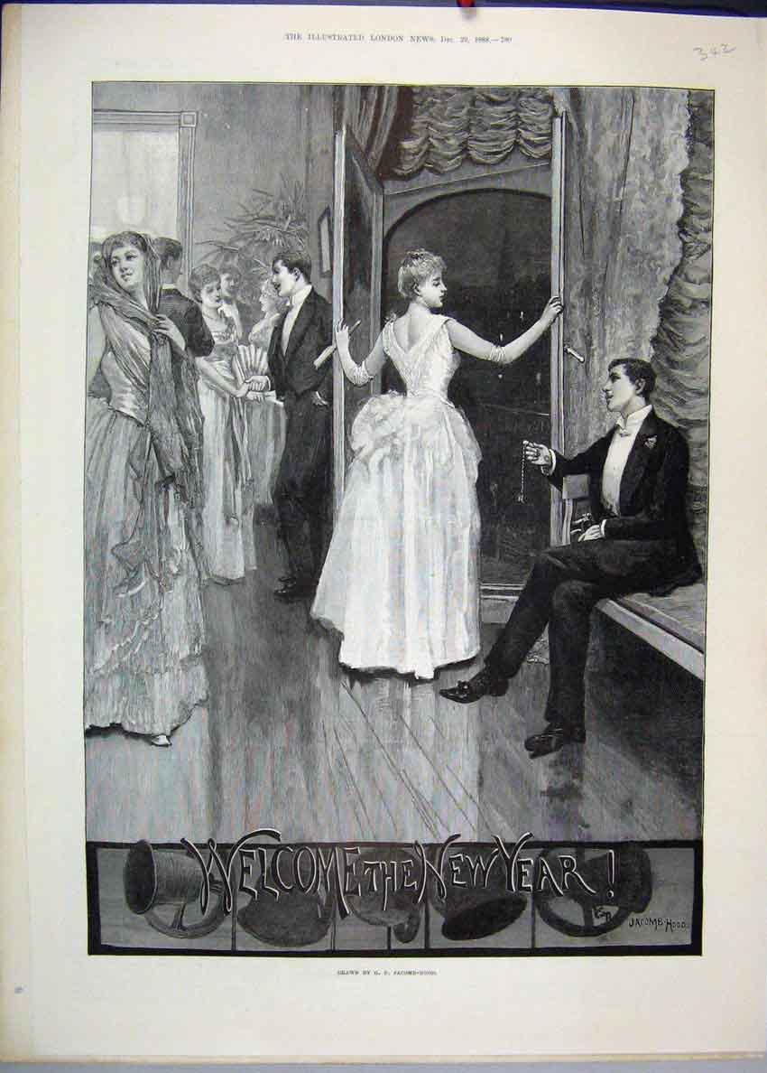 Original Old Antique Print 1882 New Year Dance Women Men Jacomb Hood Victorian
