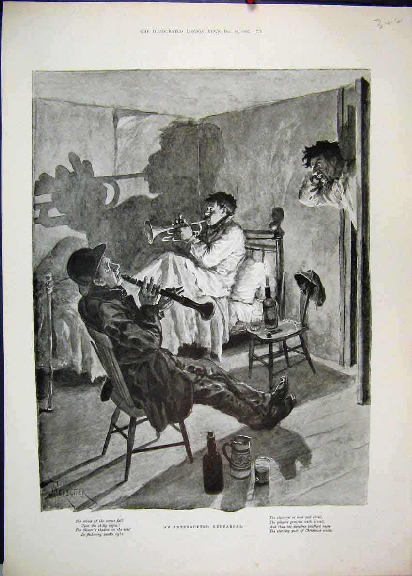 Original Old Antique Print 1895 Men Bed Music Rehearsal Drinking Interrupted
