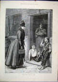 Original Old Antique Print 1888 Woman Visiting Poor Family Dog House Victorian