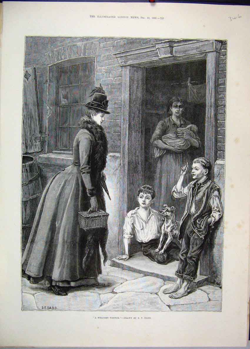 Original Old Antique Print 1888 Woman Visiting Poor Family Dog House Victorian