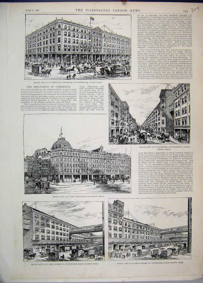Original Old Antique Print 1893 Maple Factory Tottenham Show Rooms Building 19th