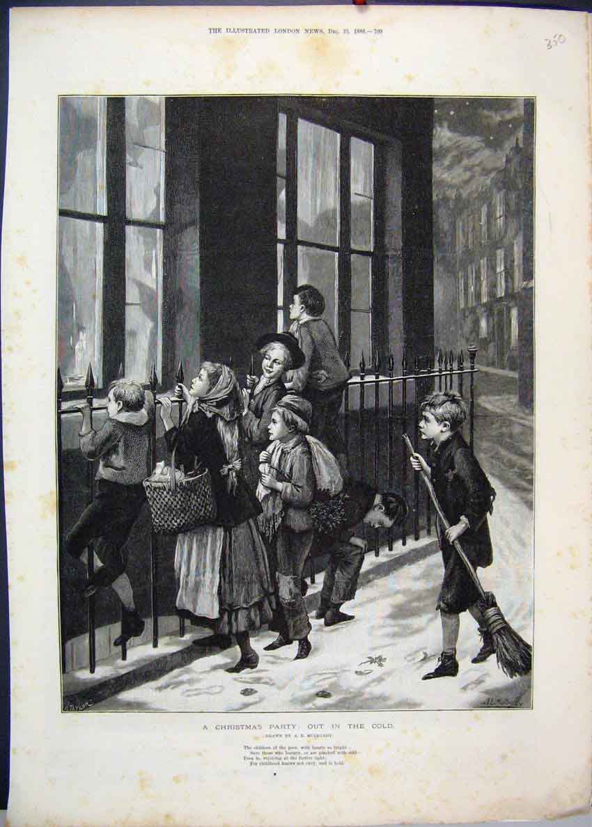 Original Old Antique Print 1886 Christmas Party Poor Children 19th