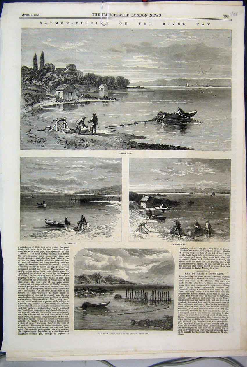 Original Old Antique Print 1862 Salmon Fishing River Tay Stake Net Victorian