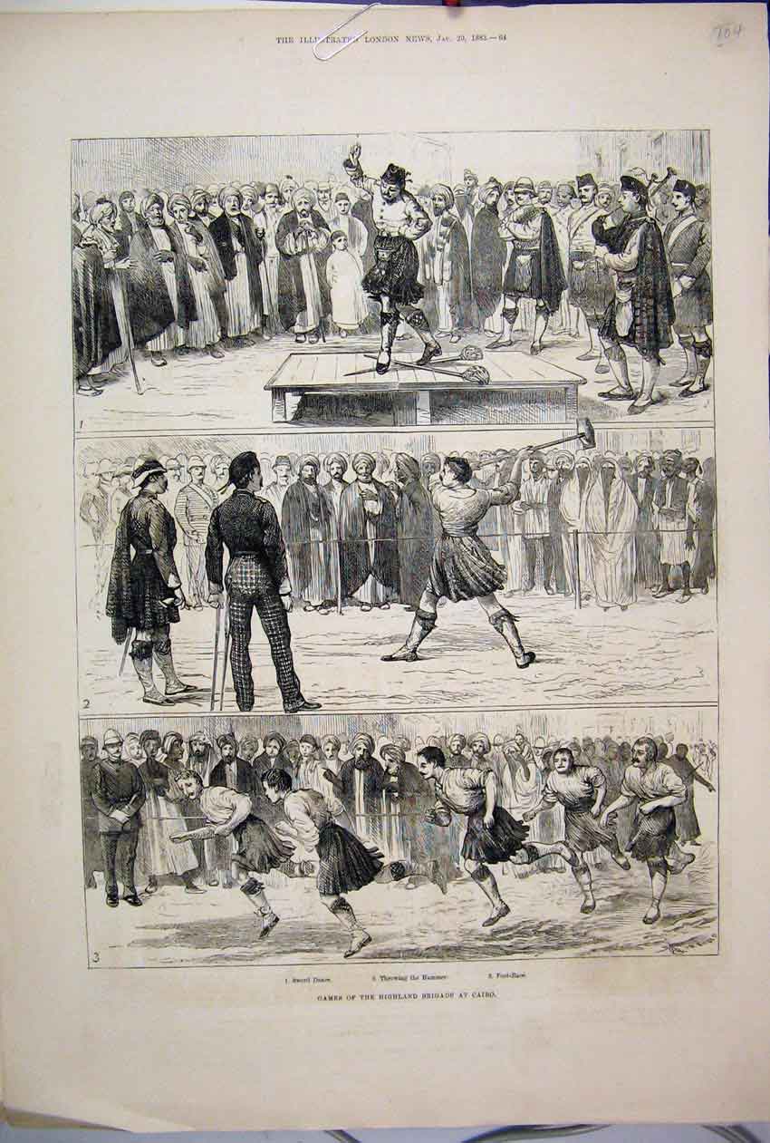 Original Old Antique Print 1883 Highland Games Brigade Cairo Hammer Foot Race