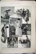 Original Old Antique Print 1890 Influenza Children Man Fishing Eating Sketches