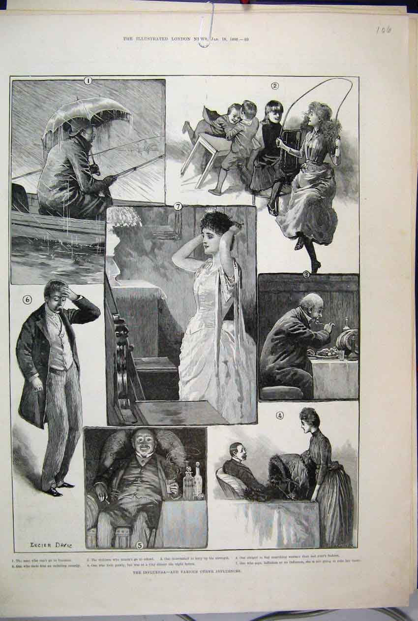 Original Old Antique Print 1890 Influenza Children Man Fishing Eating Sketches