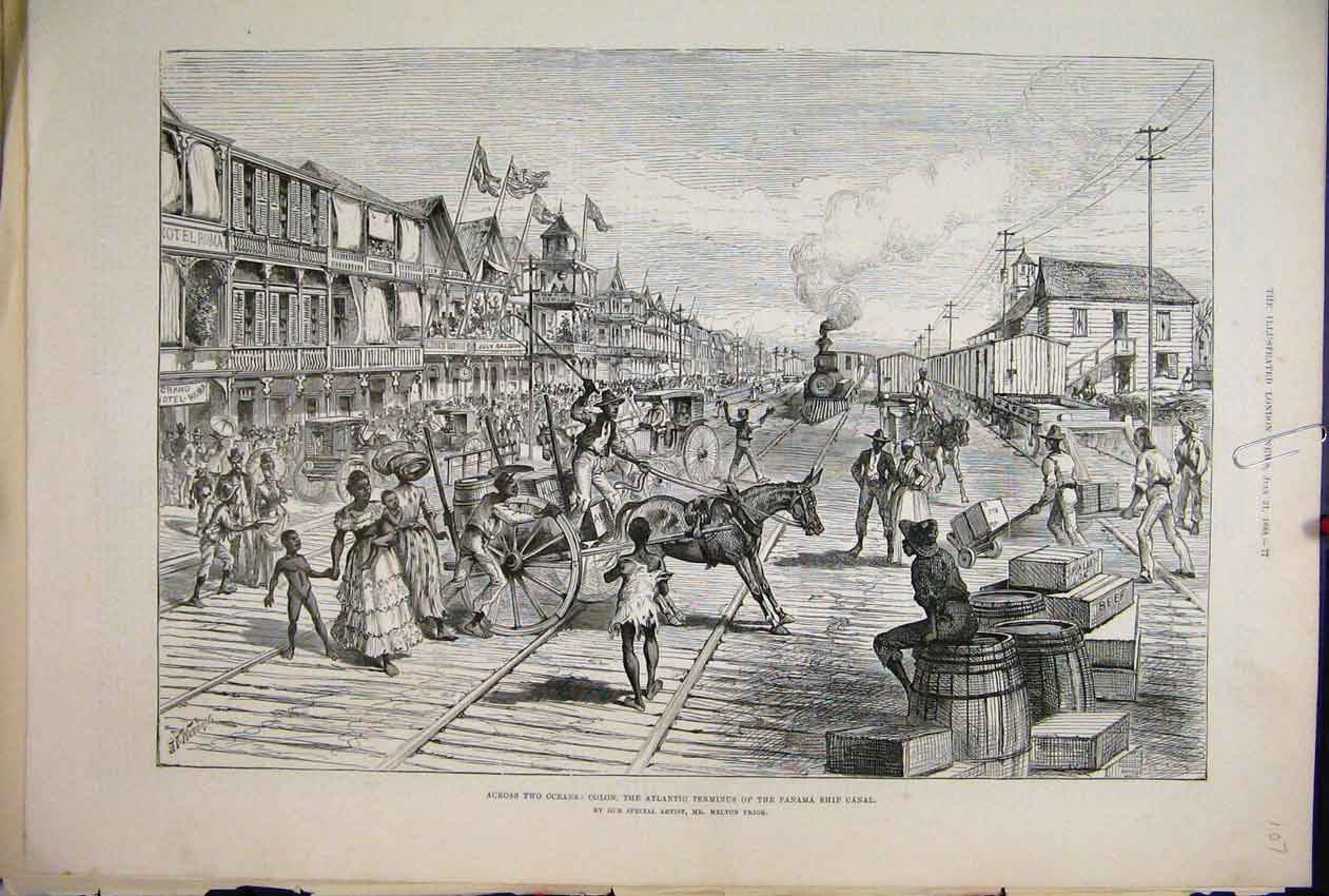 Original Old Antique Print 1888 Atlantic Terminus Panama Ship Canal Railway 19th