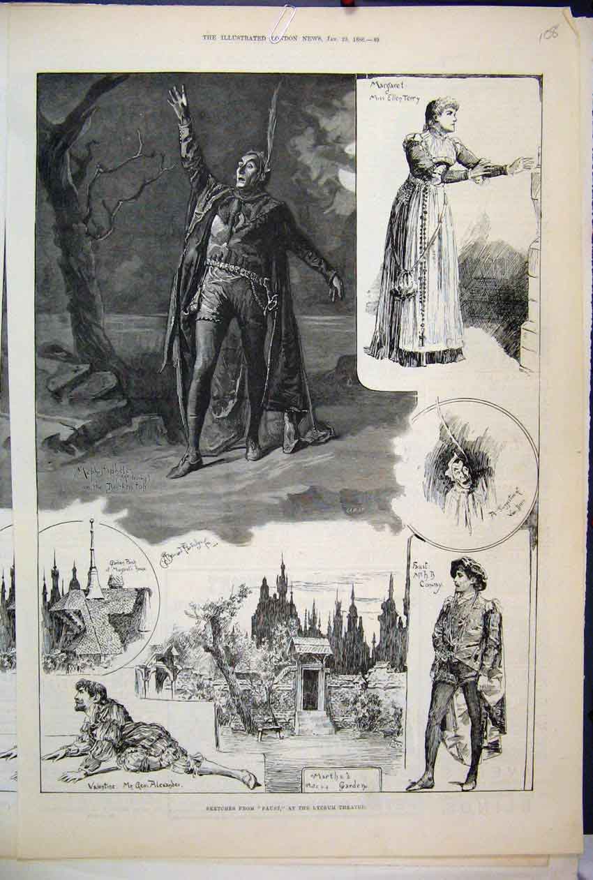 Original Old Antique Print 1886 Faust Lyceum Theatre Conway Ellen Terry Sketch