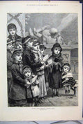 Original Old Antique Print 1880 Children Singing Christmas Carols Art Victorian