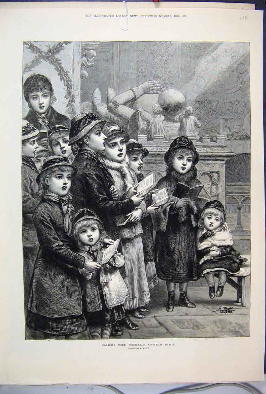 Original Old Antique Print 1880 Children Singing Christmas Carols Art Victorian