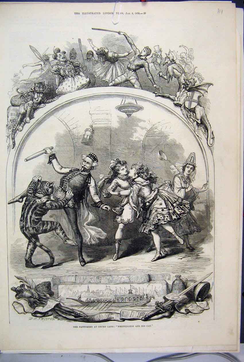 Original Old Antique Print 1876 Pantomime Drury Lane Whittington Cat Victorian