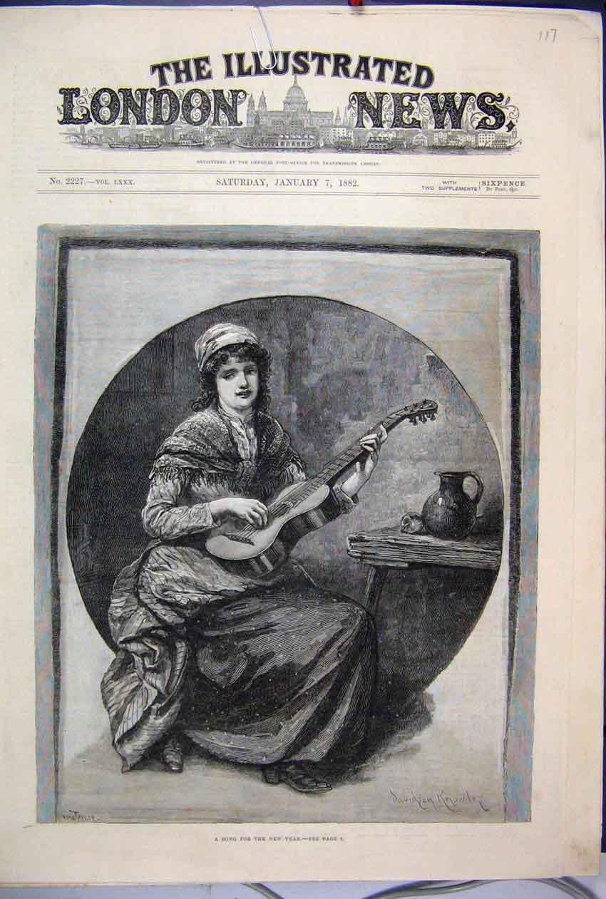 Original Old Antique Print 1882 Song New Year Woman Music Fine Art Victorian