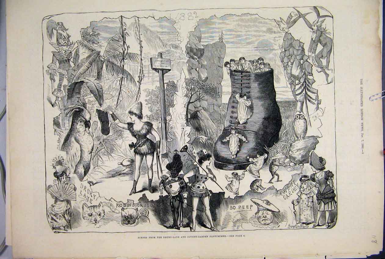 Original Old Antique Print 1882 Scenes Drury Lane Covent Garden Pantomimes 19th