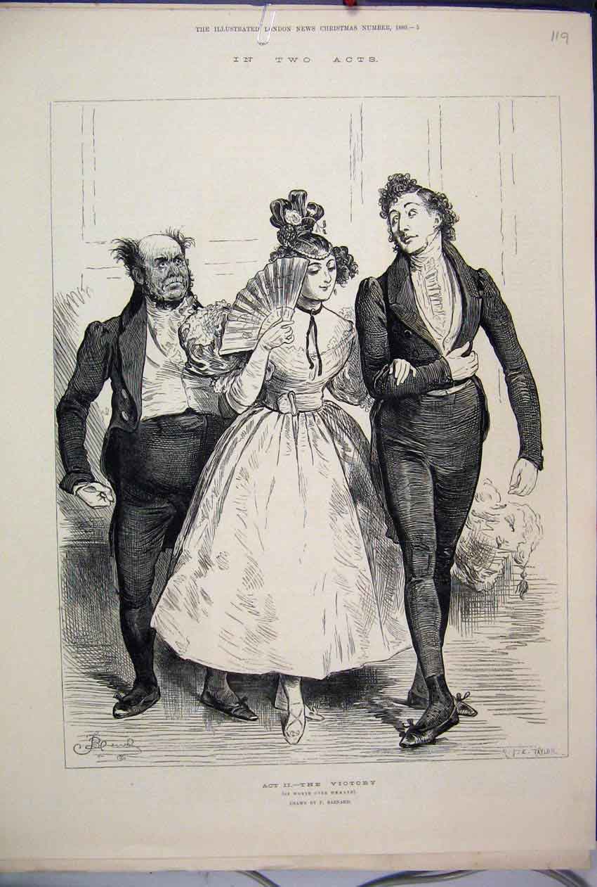 Original Old Antique Print 1880 Domestic Drama Acts Victory Men Woman Play 19th