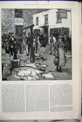 Original Old Antique Print 1888 Fish Sale Polperro Cornwall Market Art Victorian