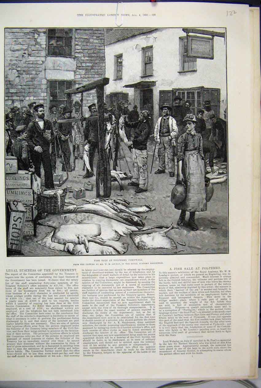 Original Old Antique Print 1888 Fish Sale Polperro Cornwall Market Art Victorian