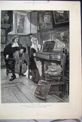Original Old Antique Print 1888 Man Woman Music Piano Faith Freedom Art 19th