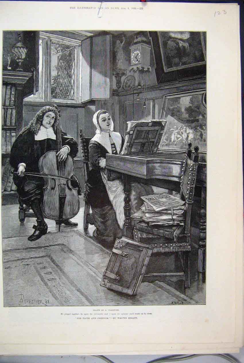 Original Old Antique Print 1888 Man Woman Music Piano Faith Freedom Art 19th