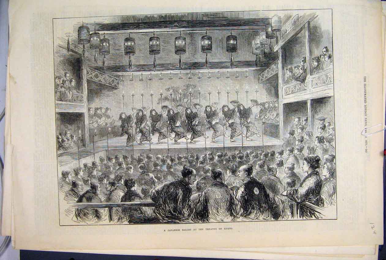 Original Old Antique Print 1873 Japanese Ballet Dance Theatre Kyoto Victorian
