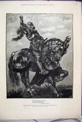 Original Old Antique Print 1882 Marmions Defiance Douglas Horse Gauntlet 19th