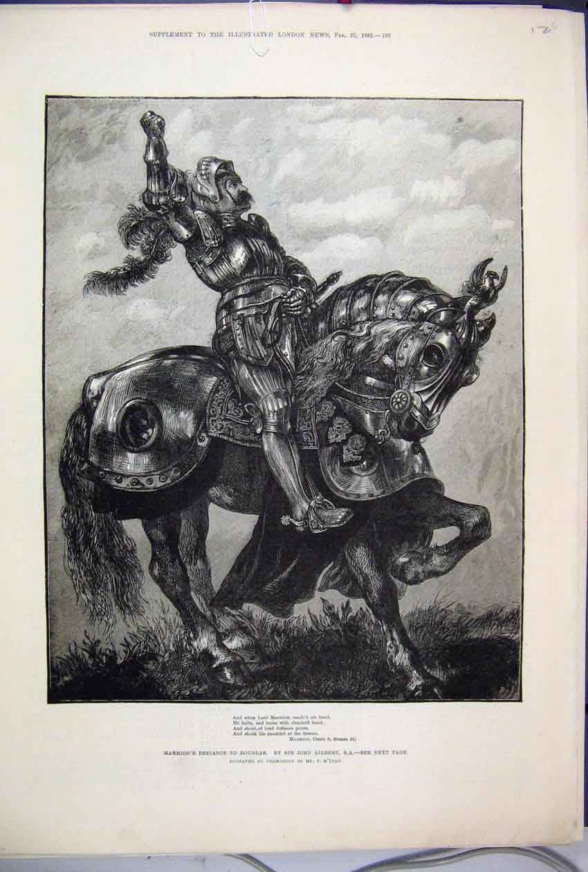 Original Old Antique Print 1882 Marmions Defiance Douglas Horse Gauntlet 19th