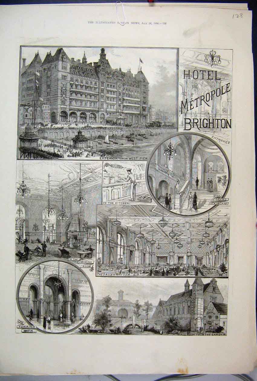 Original Old Antique Print 1890 Hotel Metropole Brighton Grand Staircase 19th