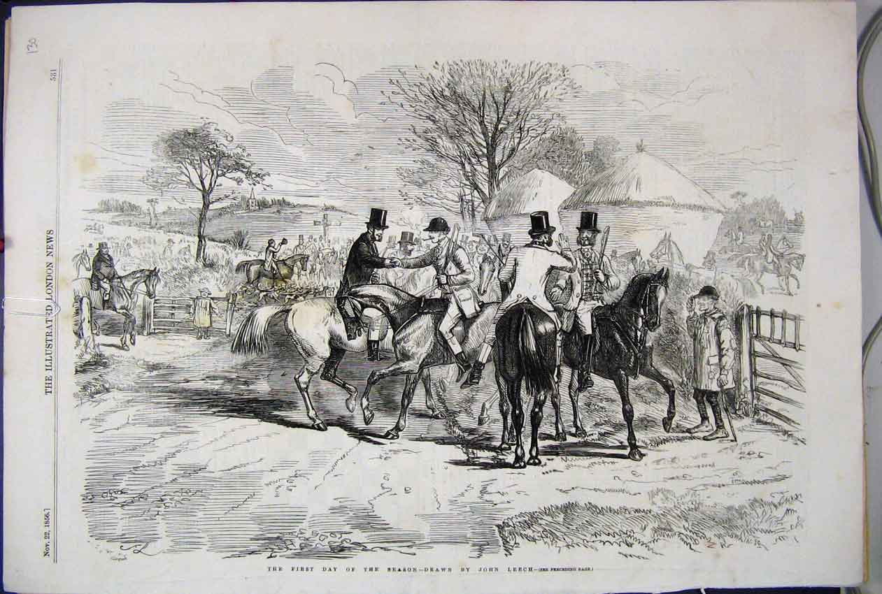 Original Old Antique Print 1856 Hunting Season Horses Men Country Scene 19th