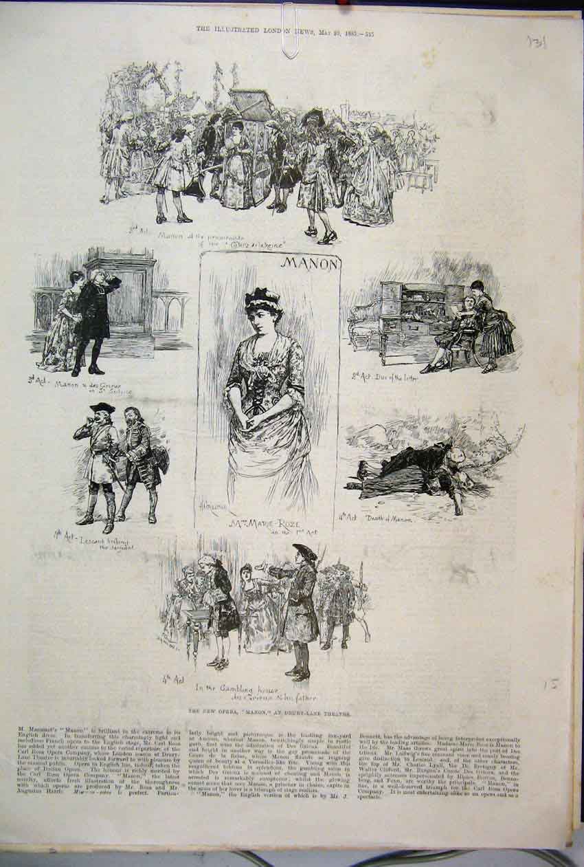 Original Old Antique Print 1885 Opera Manon Drury Lane Theatre Scenes Victorian
