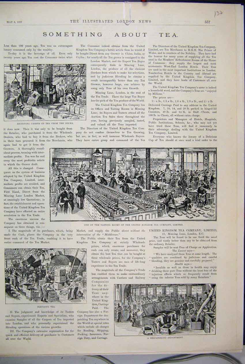 Original Old Antique Print 1893 Tea Chests Blending Tasting Rooms United Kingdom