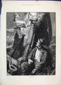 Original Old Antique Print 1883 Men Fishing Boat Night Scene Beautiful Fine Art