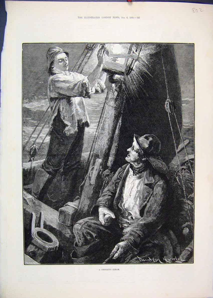 Original Old Antique Print 1883 Men Fishing Boat Night Scene Beautiful Fine Art