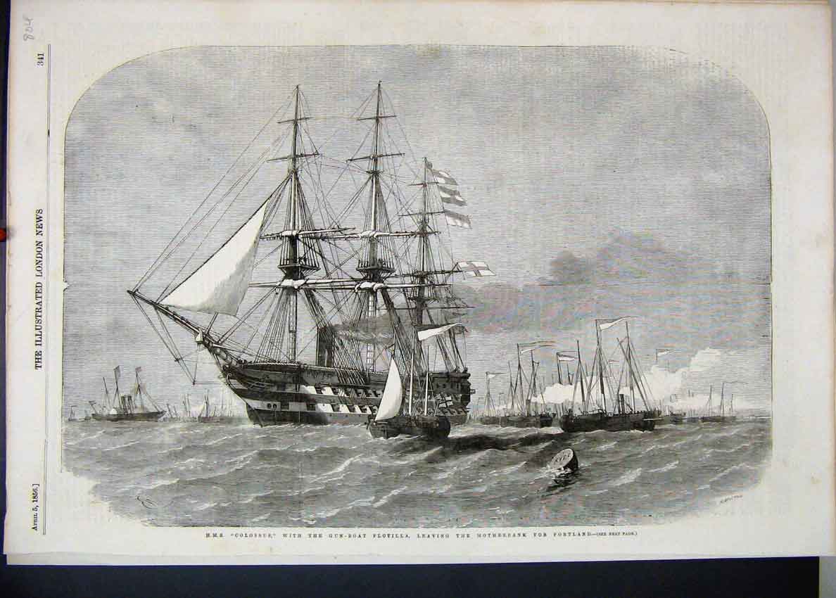 Original Old Antique Print 1856 Colossus Gun Boat Flotilla Motherbank Portland