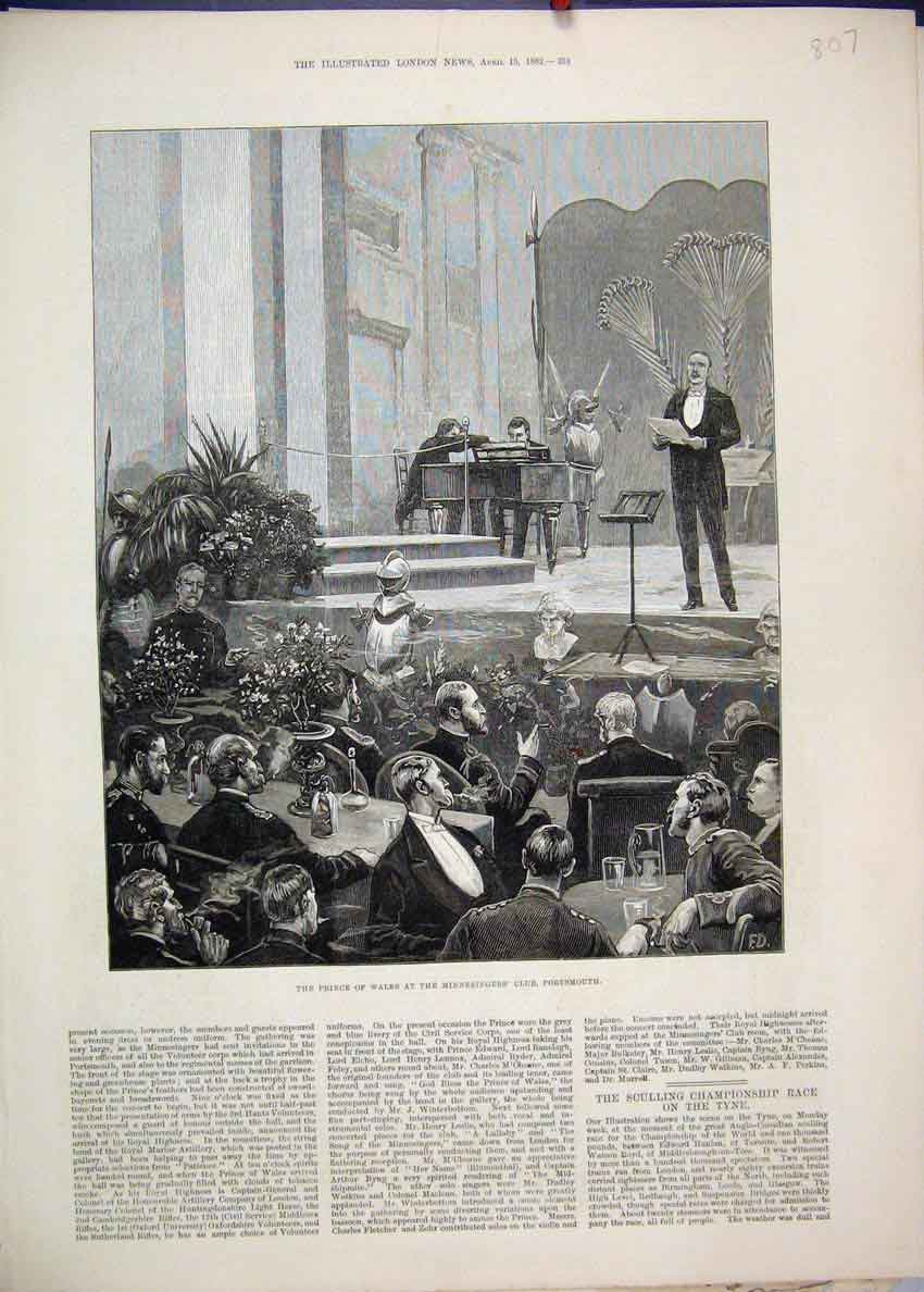 Original Old Antique Print 1882 Price Wales Minnesingers Club Portsmouth 19th