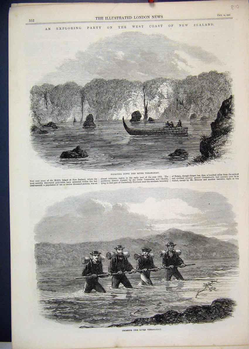 Original Old Antique Print 1865 Exploring New Zealand River Teramakau Men Cross