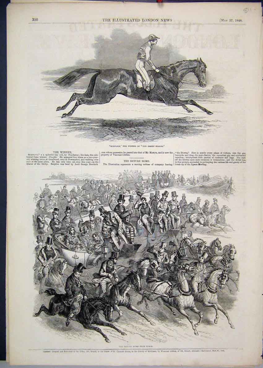 Original Old Antique Print 1848 Surplice Derby Stakes Epsom Horses Victorian