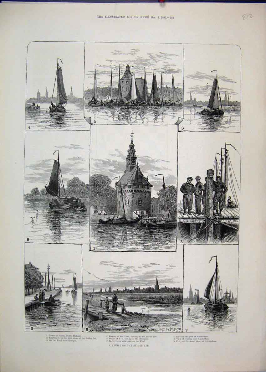 Original Old Antique Print 1885 Cruise Zuider Zee Amsterdam Zuider Zee Victorian