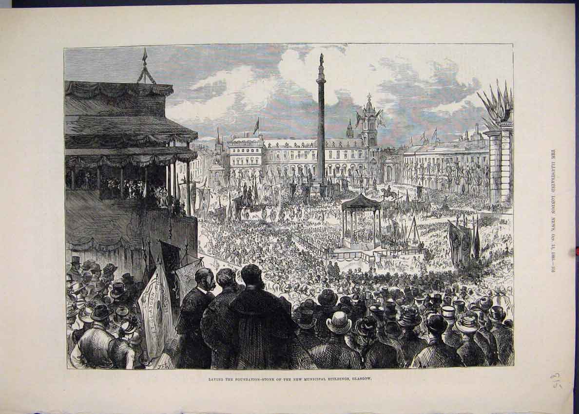 Original Old Antique Print 1883 Laying Foundation Stone Municipal Glasgow 19th