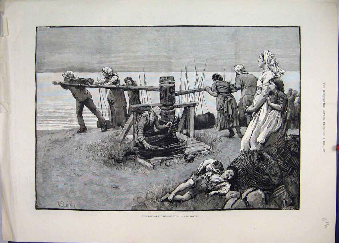 Original Old Antique Print 1885 Storm Winding Boats Family Dog Fine Art 19th