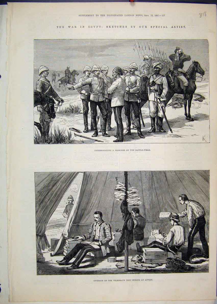 Original Old Antique Print 1882 War Egypt Prisoner Battle Field Telegraph Tent