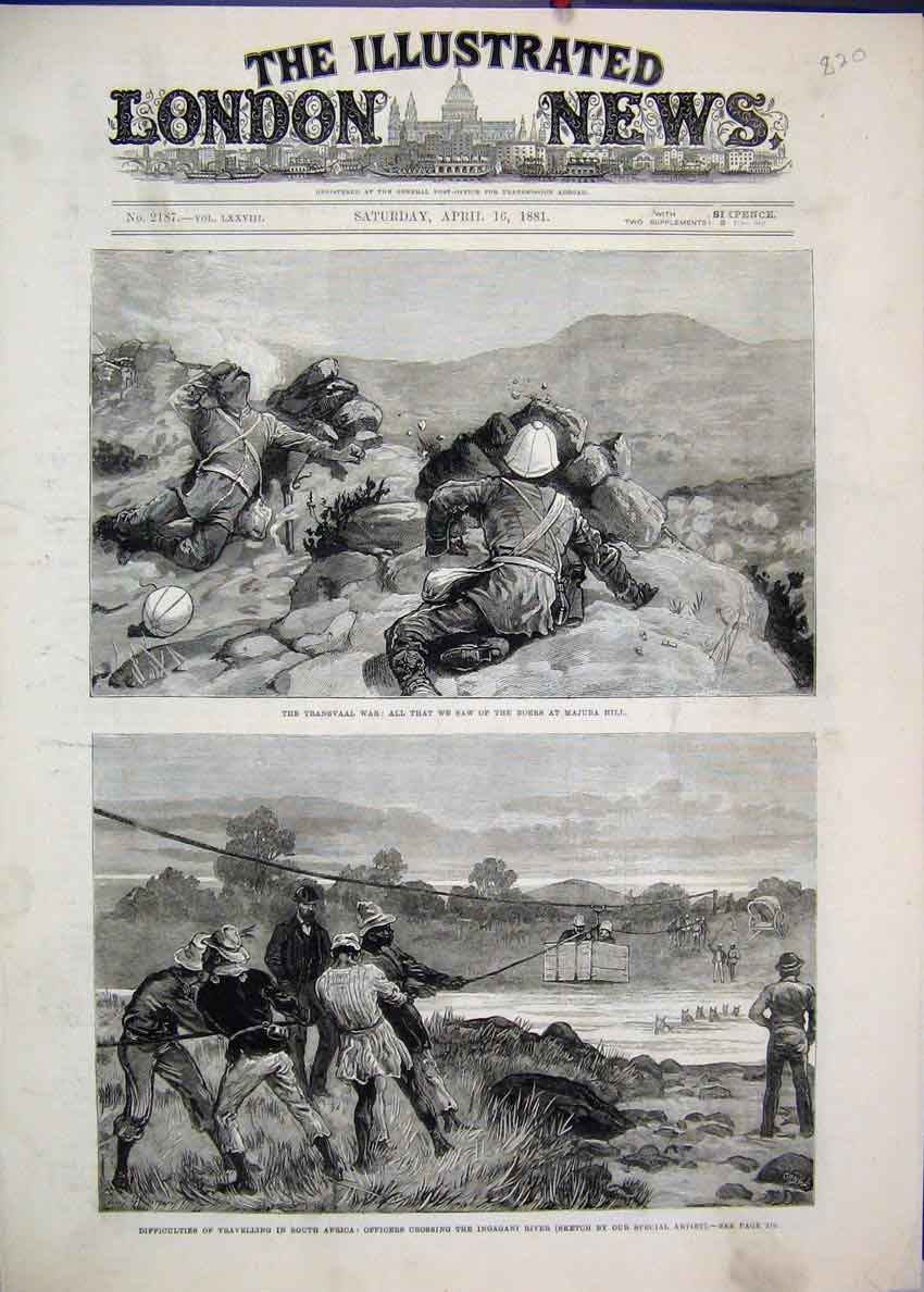 Original Old Antique Print 1881 Transvaal War Boers Majuba Hill Ingagani River