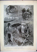 Original Old Antique Print 1897 Distressed Hop Pickers Kent Rain Umbrella Sketch