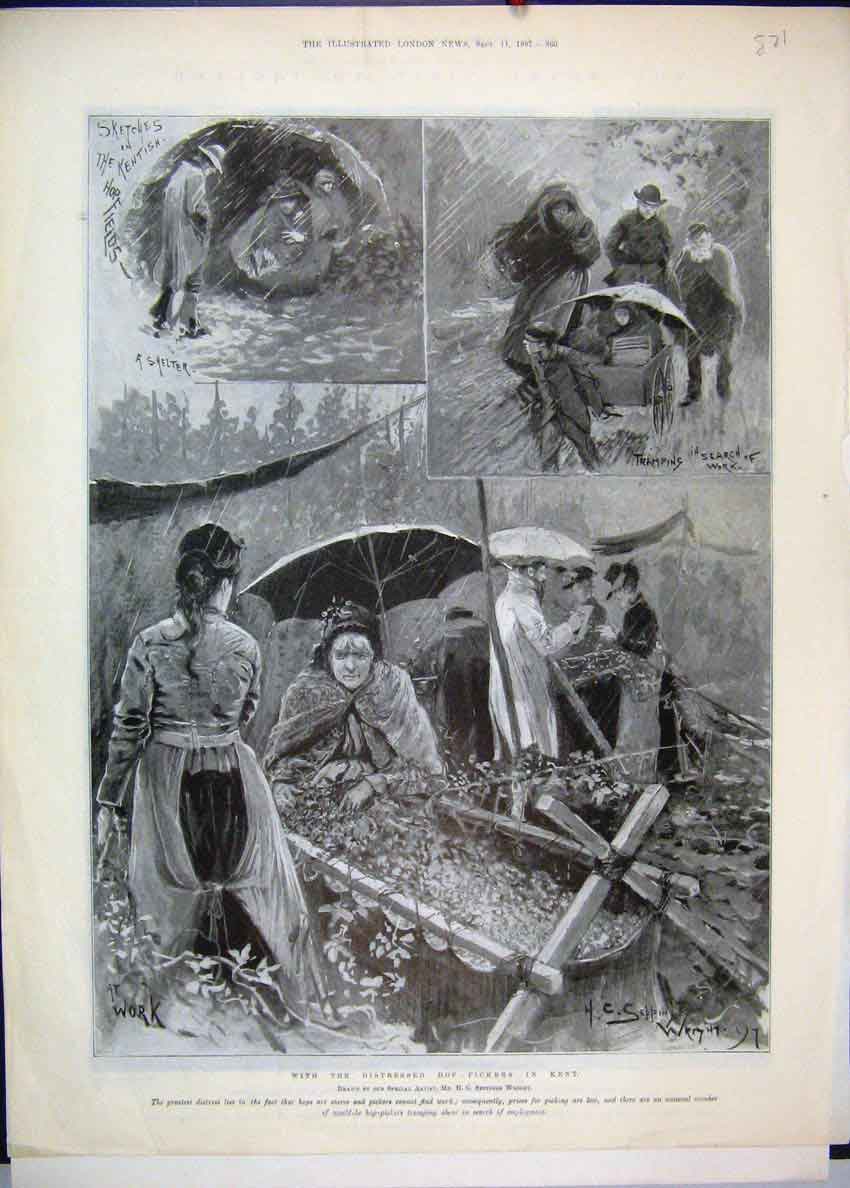 Original Old Antique Print 1897 Distressed Hop Pickers Kent Rain Umbrella Sketch