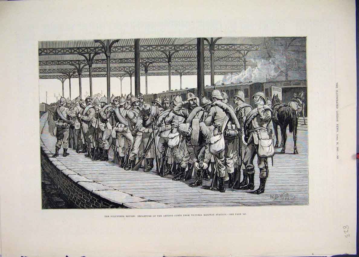 Original Old Antique Print 1881 Volunteer Review Artists Corps Victoria Railway