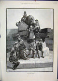Original Old Antique Print 1888 National Defences Cannon Children Woman 19th