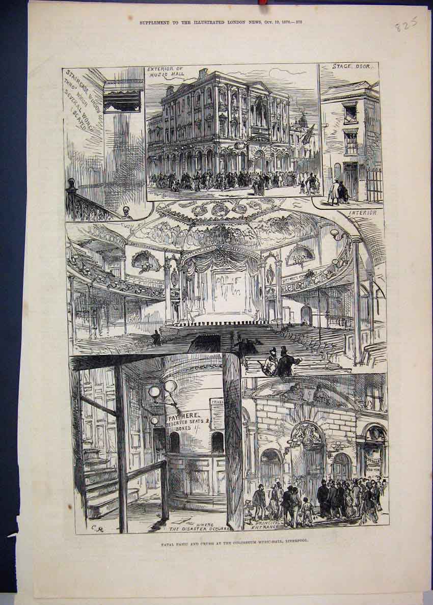 Original Old Antique Print 1878 Fatal Panic Crush Colosseum Music Hall Liverpool